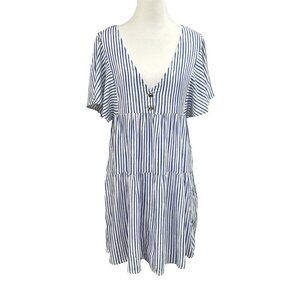 NWOT Zara Striped Linen Blend Flutter Sleeve Gold Button Tiered Dress Sz XS